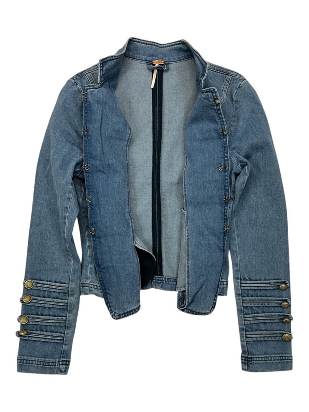Free People Fitted Military Denim Jacket S Blue Cropped - Picture 6 of 16